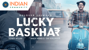 "Promotional poster of the movie Lucky Bhaskar featuring Dulquer Salmaan riding a blue vintage scooter in the bustling streets of 1980s Bombay.