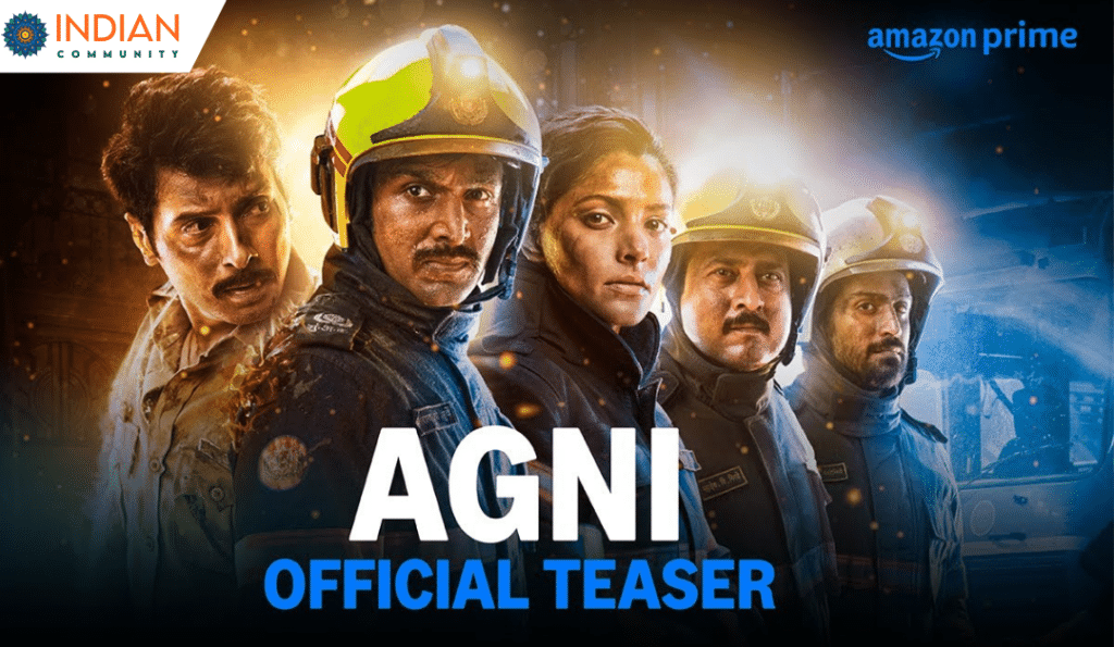 A promotional poster for the Amazon Prime series "Agni" showcasing the official teaser. The image features five determined firefighters in uniform, highlighting their courage and readiness.