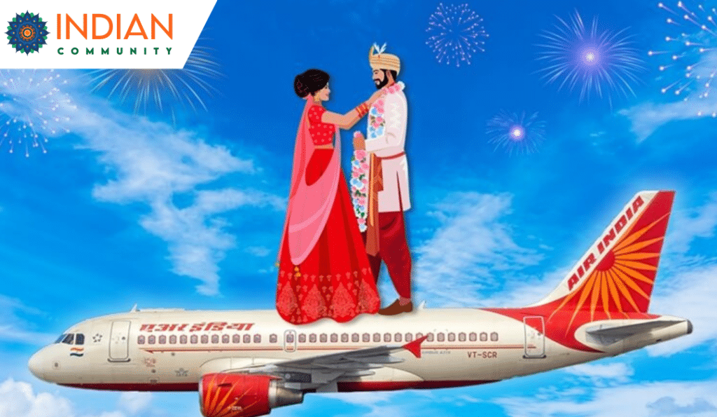 An imaginative illustration of a bride and groom standing on the fuselage of an Air India airplane, exchanging garlands in traditional Indian wedding attire.