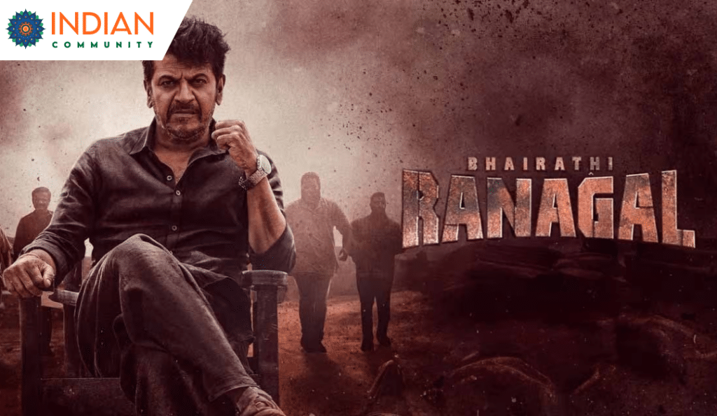 A gritty movie poster featuring a stern and intense man seated confidently in a chair, set against a smoky, rugged background. The title "BHAIRATHI RANAGAL" appears in bold, textured lettering on the right, exuding a raw and powerful vibe.