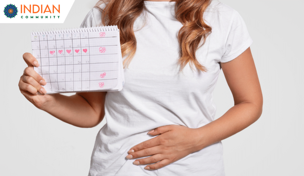 A woman holding a calendar marked with symbols representing her menstrual cycle while placing a hand on her abdomen, symbolizing the connection between weight changes and menstrual irregularities.