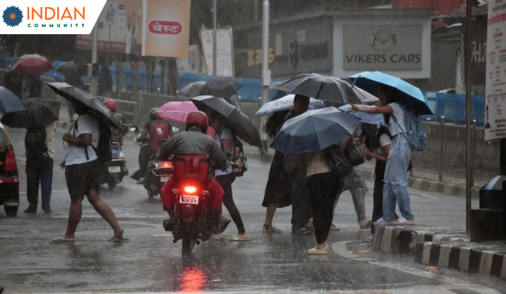 People walking on a wet street during heavy rainfall, holding umbrellas