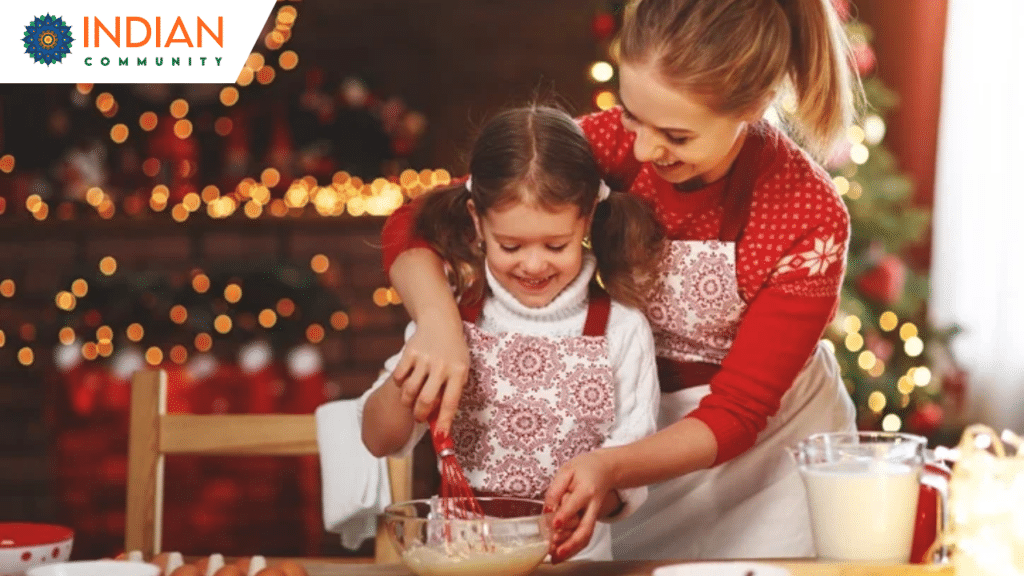 Illustration of happy children engaging in various festive activities during Christmas break; one child decorates a Christmas tree, another builds a snowman outside, while others bake cookies and craft holiday decorations, with a cozy winter backdrop of snow-covered trees and twinkling lights.