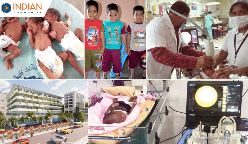 A collage showcasing efforts in childhood healthcare, blindness prevention, and advanced medical facilities.