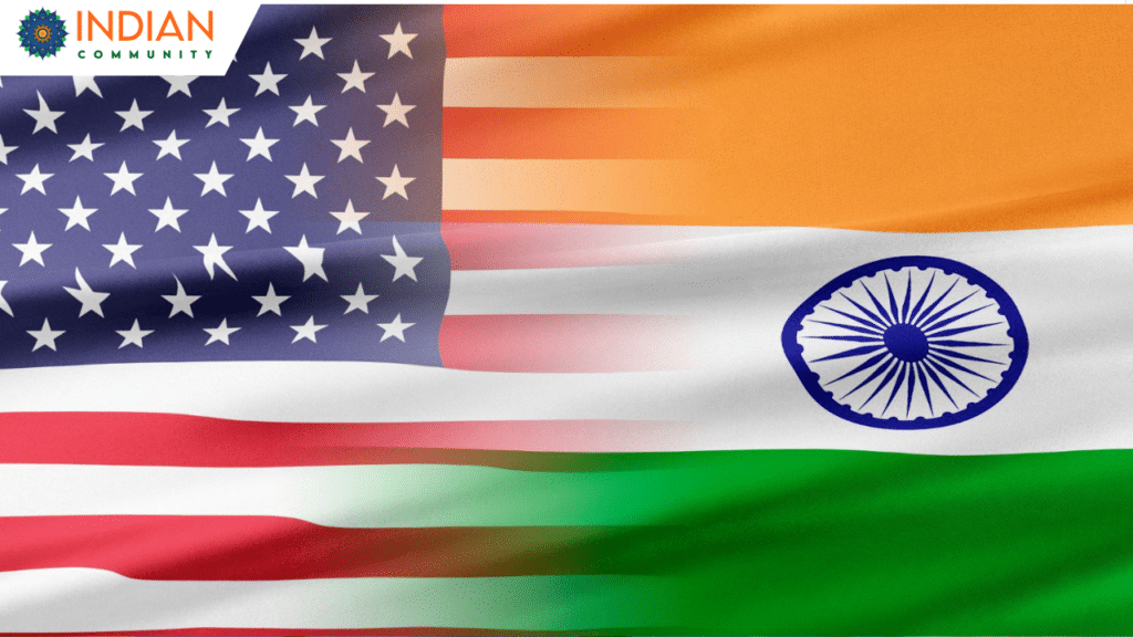 A blended image of the United States flag on the left and the Indian flag on the right