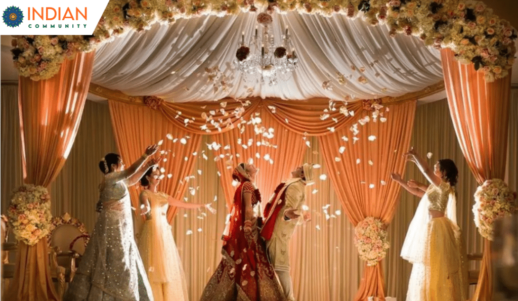 A showcase of Indian wedding with a floral arch, golden drapes, and a couple showered with petals.