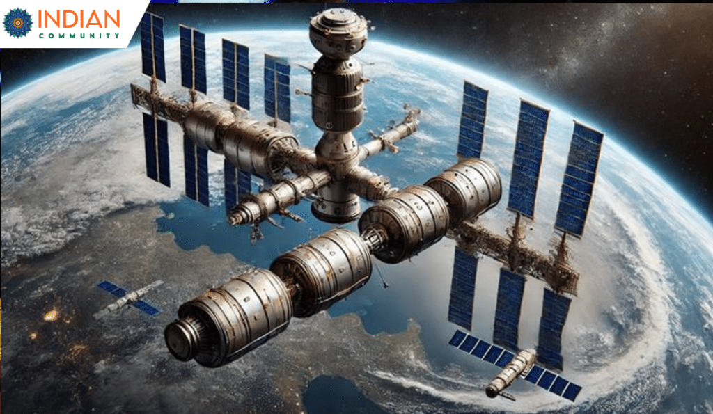 A futuristic space station with multiple cylindrical modules and large blue solar panels orbits Earth