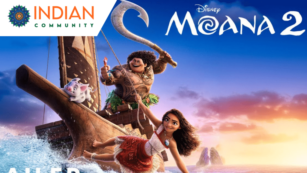 The animated film "Moana" sailing on a traditional Polynesian boat. The vibrant scene includes Moana confidently holding a rope, Maui wielding his magical hook, and their adorable pet pig, Pua.