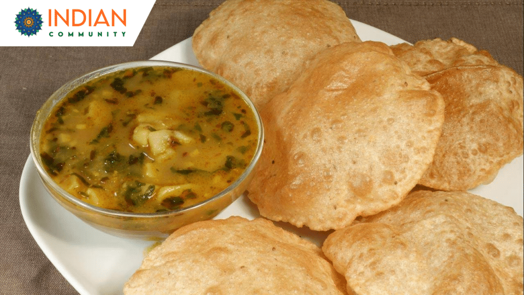 Step-by-step preparation of Aloo Puri (Potato Poori) served with curry.