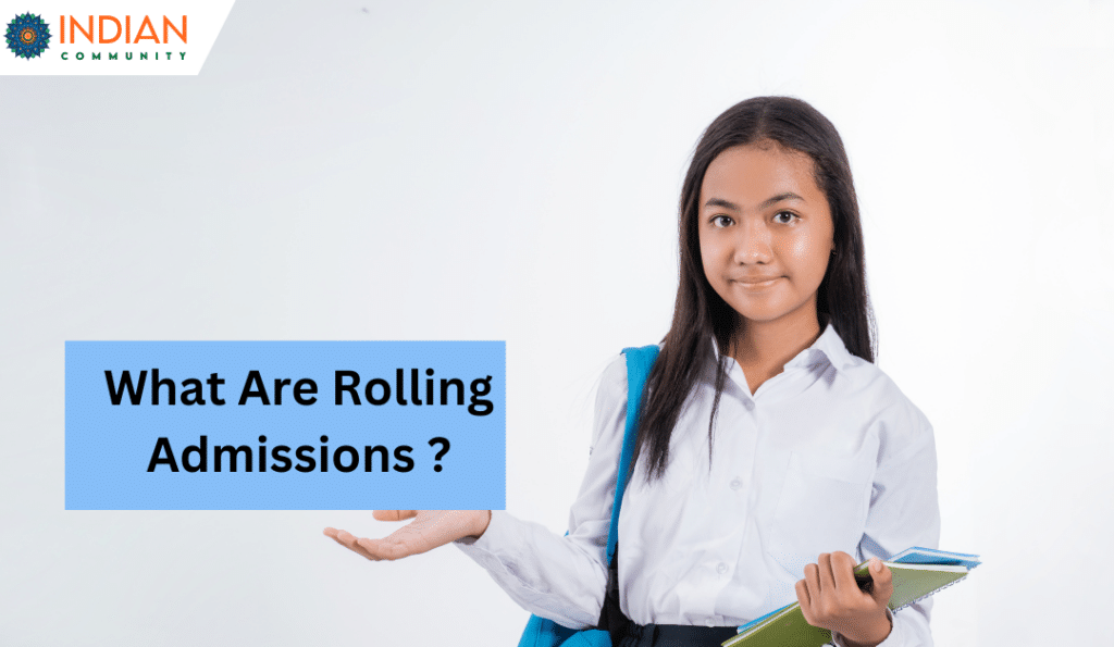 a student holding books and gesturing, with the text "What Are Rolling Admissions?"