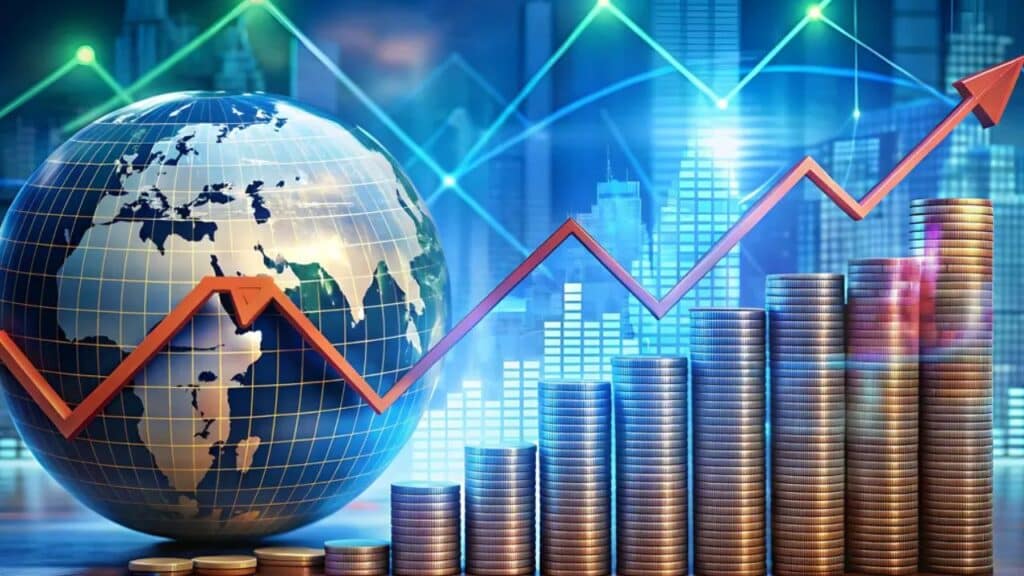 Global economic growth symbolized by a rising graph, coins, and a globe.