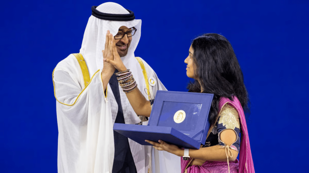 Sheikh Mohamed presents the 2025 Zayed Sustainability Prize to Monica Akkineni,