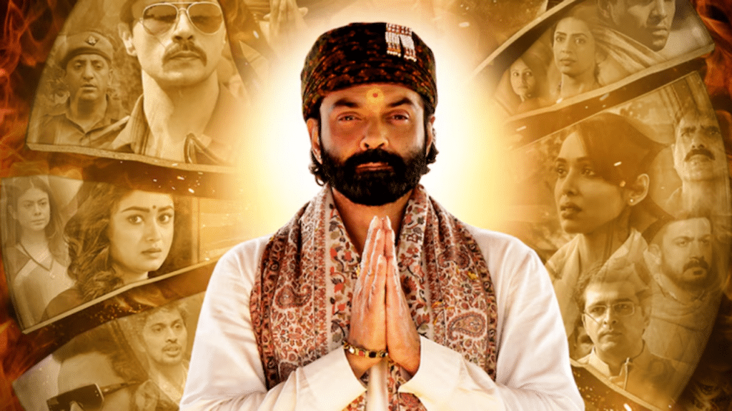 Bobby Deol as Baba Nirala in Aashram 3 Part 2, staring intensely into the camera with a sinister look.