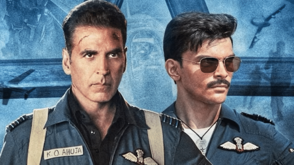 Sky Force movie poster featuring Veer Pahariya and Akshay Kumar in an intense action sequence, highlighting the aerial combat and suspense.