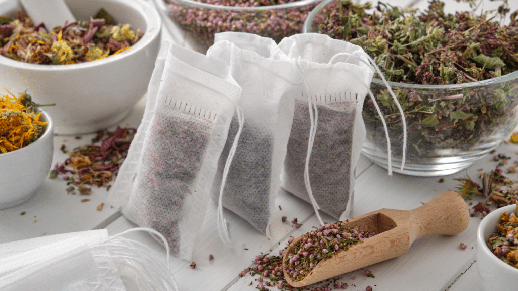 Tea bags displayed in layered manner