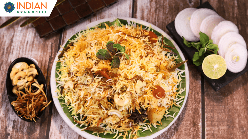 Vegetable Biryani served in a bowl with vibrant colors of mixed vegetables, garnished with fried onions and fresh cilantro