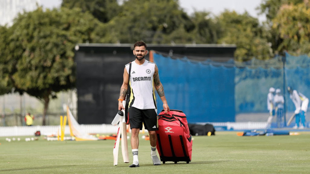 India's Virat Kohli arrives for a practice session in Dubai on Sunday.