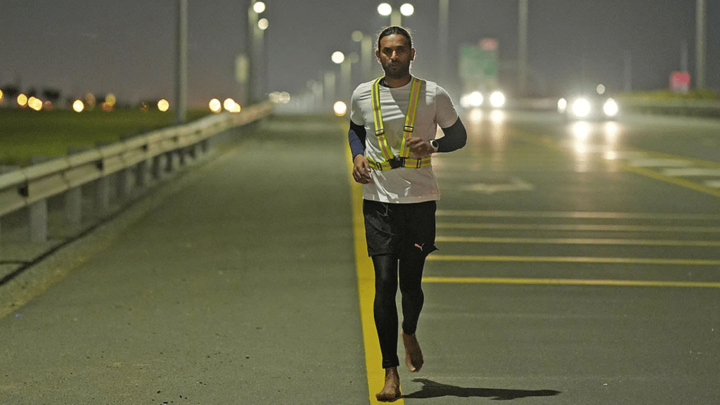 Indian expat and ultra-marathoner Aakash Nambiar running bare feet.