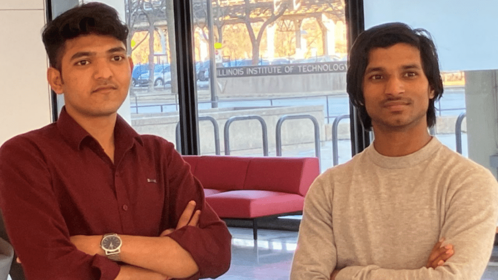 (From left to right) Vijay Pratap Singh and Raj Dwivedi at Illinois Tech’s Michael Paul Galvin Tower