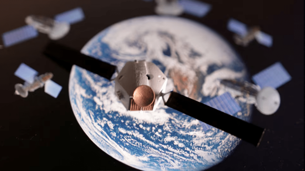 A satellite model is placed on a picture of Earth