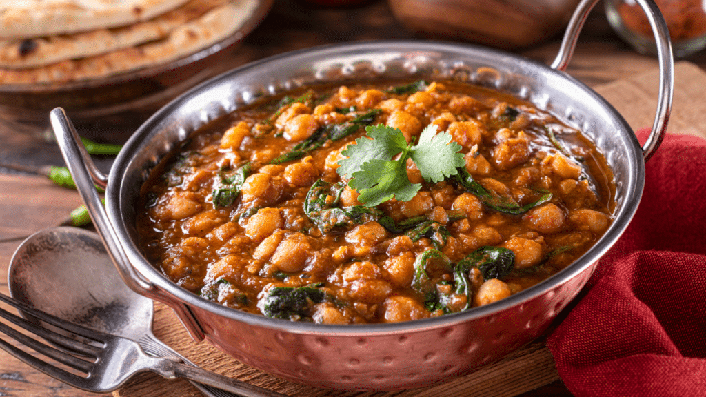 Chana Saag is a traditional Indian dish featuring chickpeas and spinach in a rich, spiced tomato-based sauce.