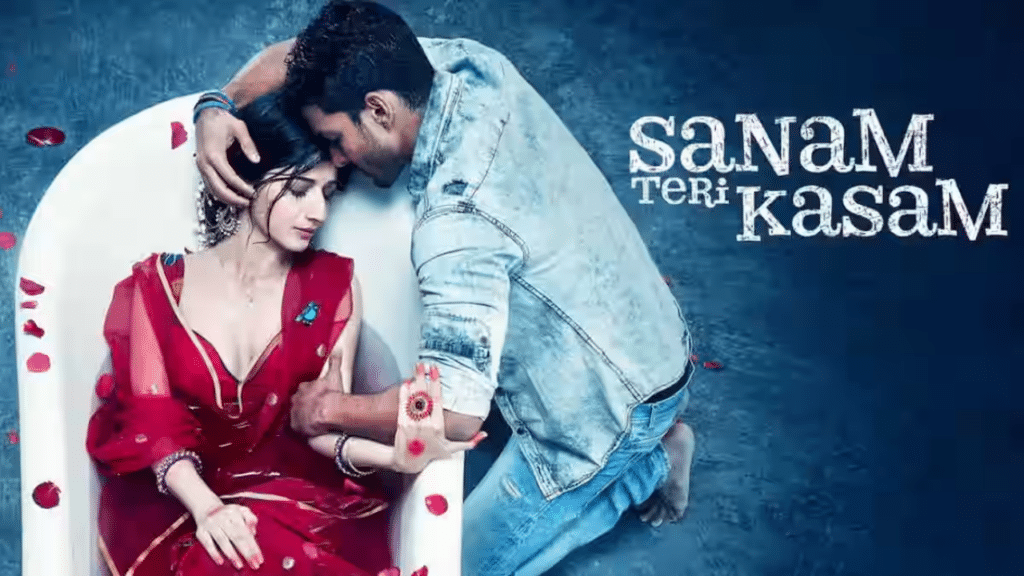 Sanam Teri Kasam movie poster featuring Harshvardhan Rane and Mawra Hocane in an emotional pose.