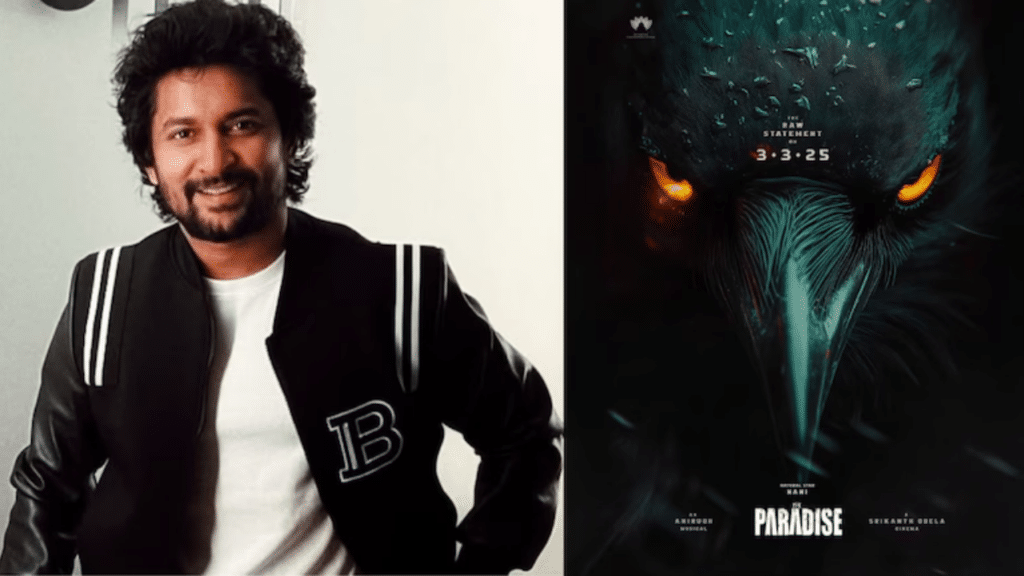 The Paradise movie poster featuring Nani with an eerie close-up of a crow’s face, hinting at an intense, mysterious plot.