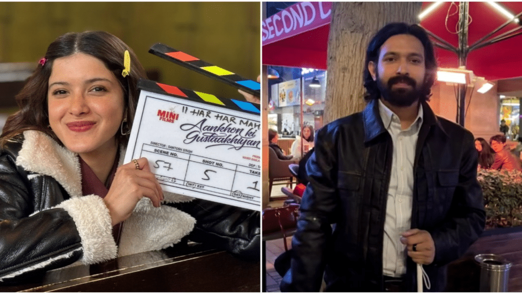 Vikrant Massey and Shanaya Kapoor on the sets of Aankhon Ki Gustaakhiyan, a Bollywood romantic drama set for a 2025 release.