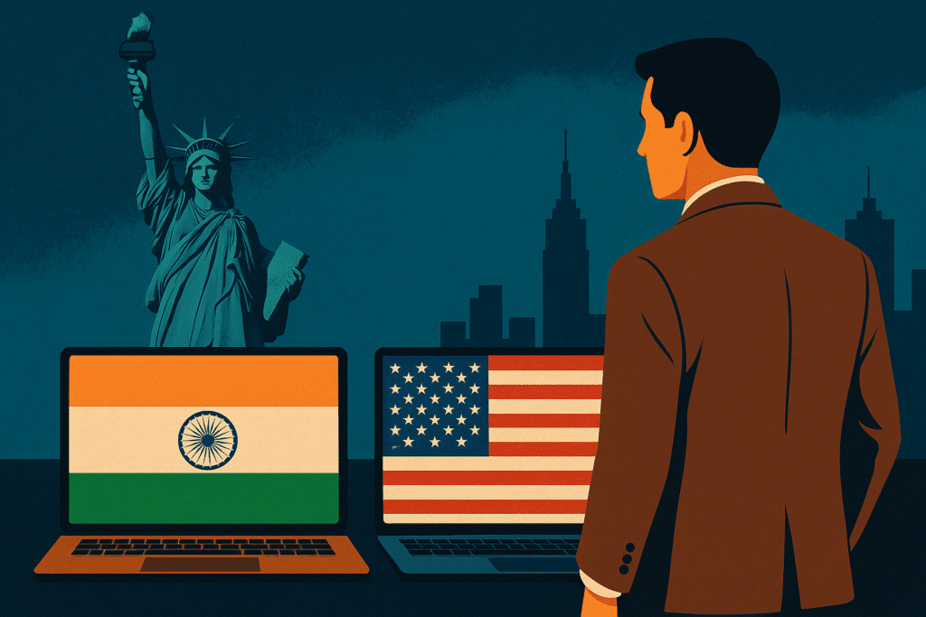 Man contemplating India and USA flags