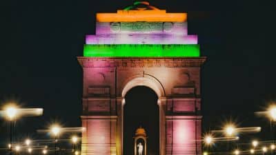 Night view of India Gate lighted with India flag colors