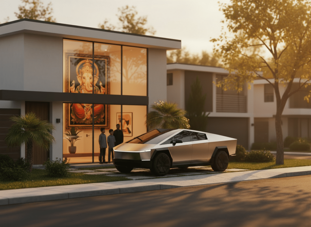 Modern house with Tesla Cybertruck outside.