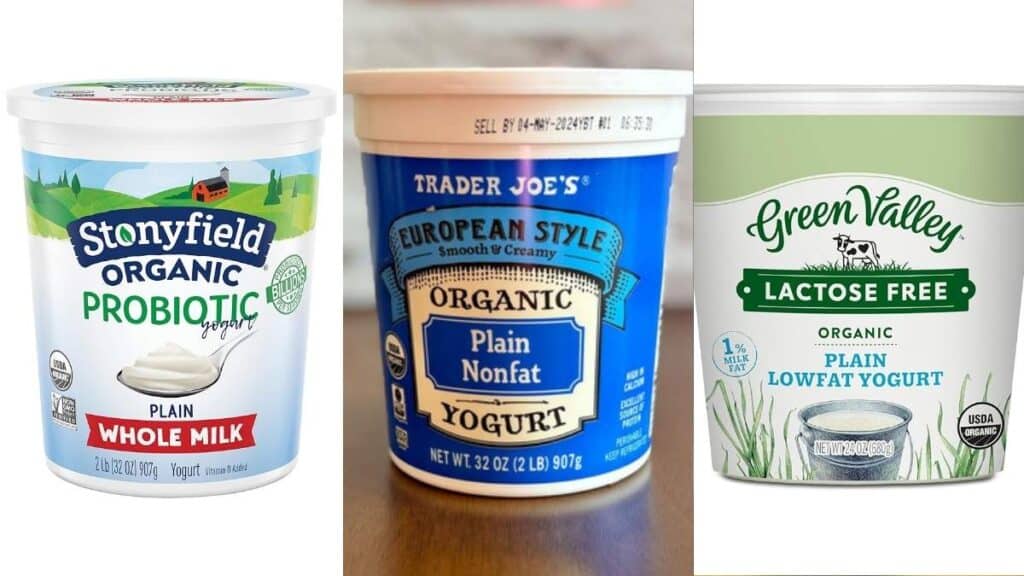 Stonyfield Organic Whole Milk Yogurt, Trader Joe's European Style Yogurt , Organic Valley
