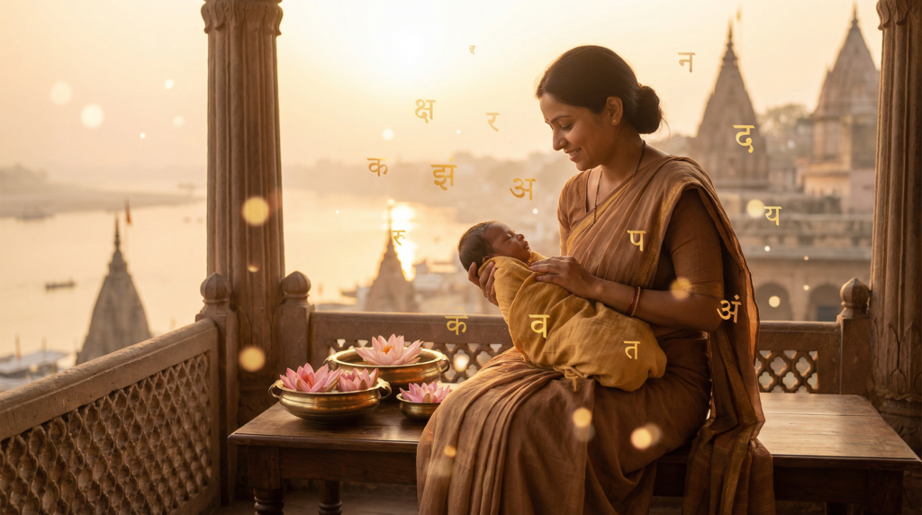 Indian mother holding newborn baby with Sanskrit script — Indian Baby Names Sanskrit 2026