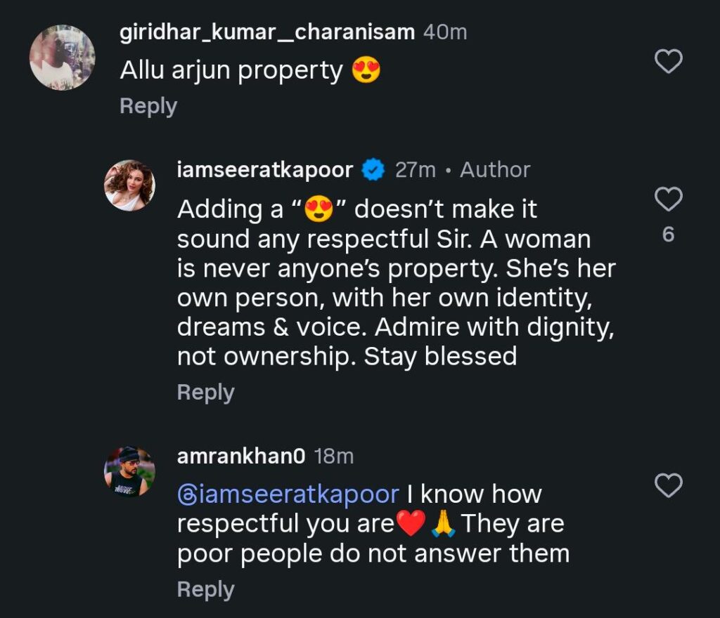 seerat-kapoor-powerful-reply-allu-arjun-property-comment