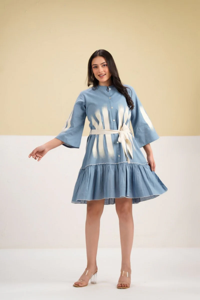 Women Shirt Tunic Dress in Blue- freyaa.us