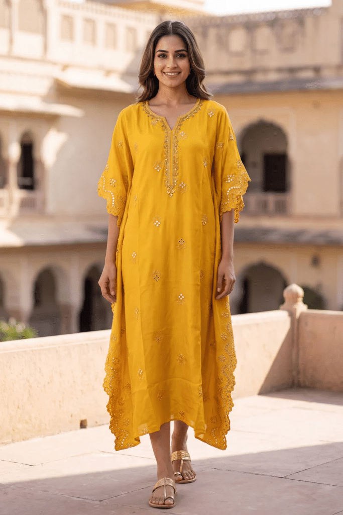 Gold Hand Embroidery Mirror Work Yellow Kaftan
