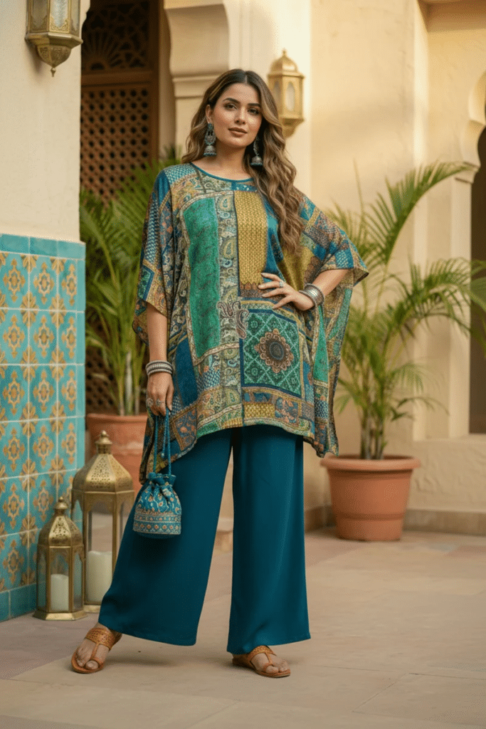 Peacock Blue Printed Kaftan
