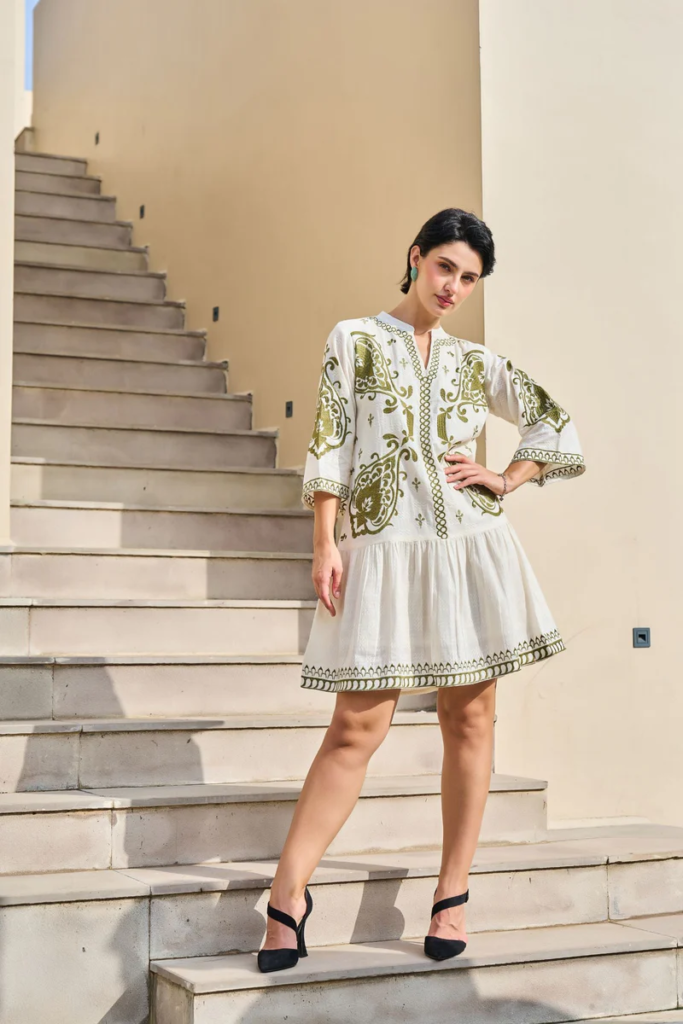 Modern Cream Tunic Accented with Green Thread Work- Freyaa.us