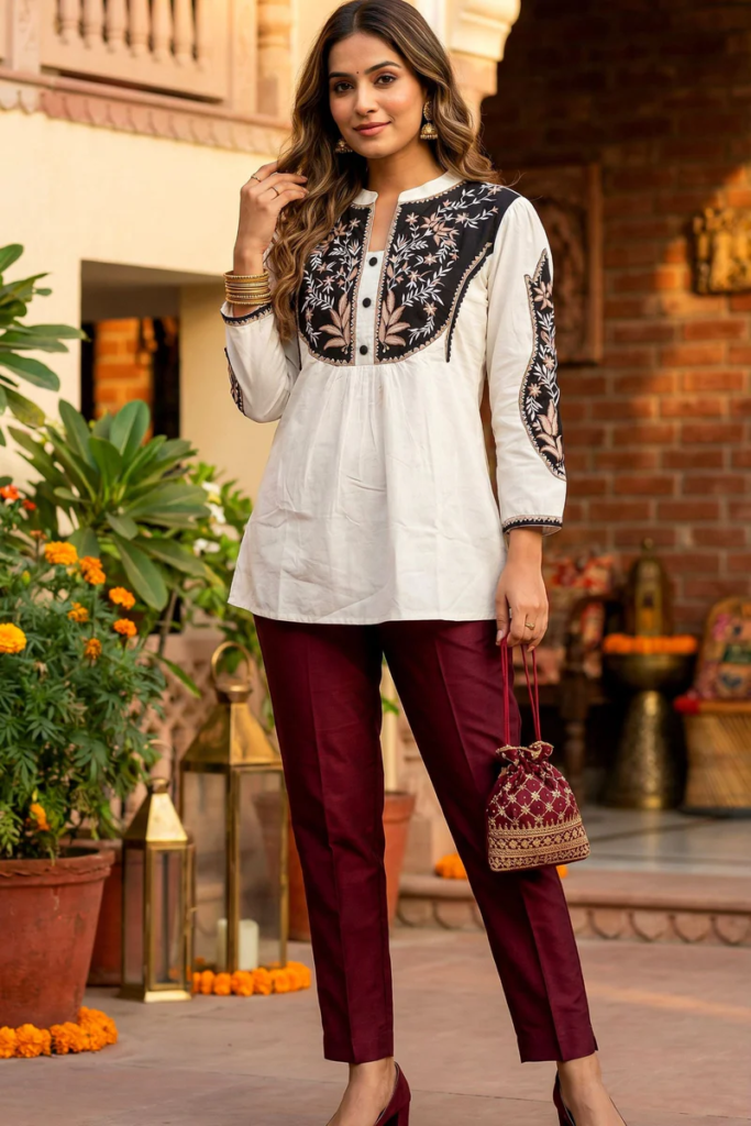 White Aura Line Pattern A-Line Top with Floral Neck- freyaa.us